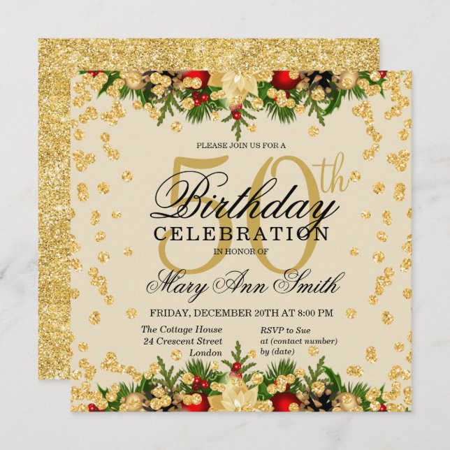 Guld & Red Helgdag Glam 50:e födelsedagen Invi Inbjudningar (Fram/baksida)