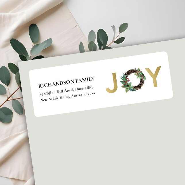 GULD RED HOLLY BERRY JOY WREATH CHRISTMAS ADRESS RETURADRESS ETIKETT (Skapare uppladdad)