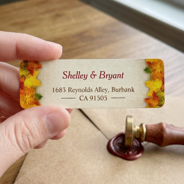 Guld Red Höst löv Rustic Burlap Säsong Returadress Etikett (Skapare uppladdad)