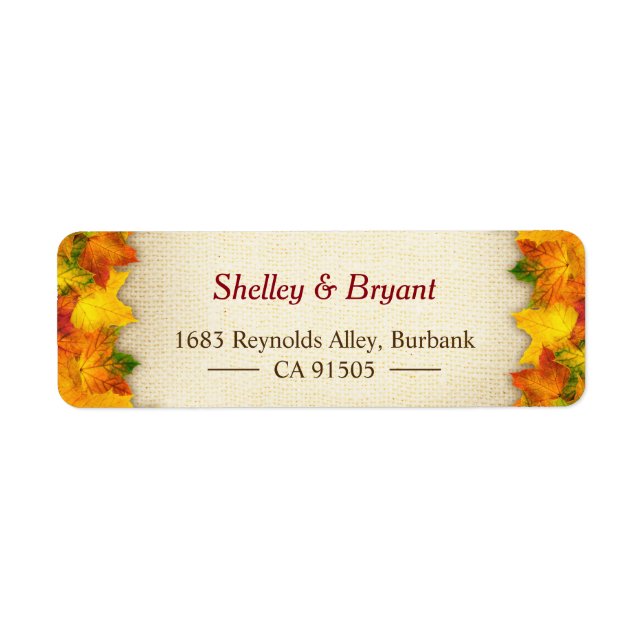 Guld Red Höst löv Rustic Burlap Säsong Returadress Etikett (Framsidan)