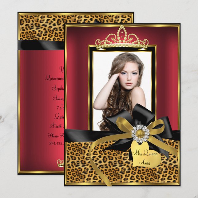 Guld Red Leopard Print & Bow Photo Quinceanera Inbjudningar (Fram/baksida)