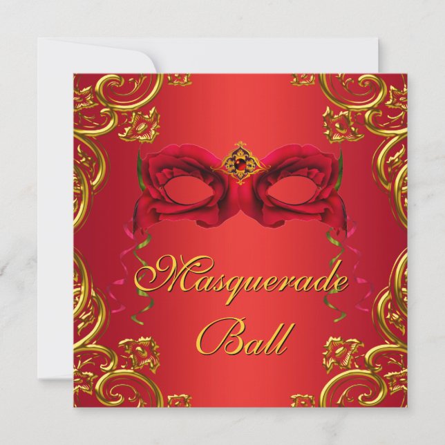 Guld Red Mask Red Masquerad Party Inbjudningar (Framsida)