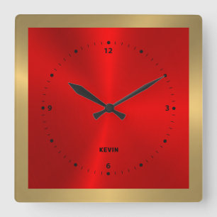 Guld & Red & Metallic Stainless Steel Square Fyrkantig Klocka