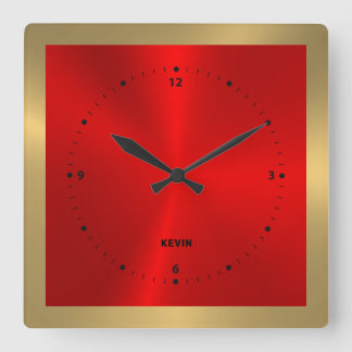 Guld & Red & Metallic Stainless Steel Square Fyrkantig Klocka