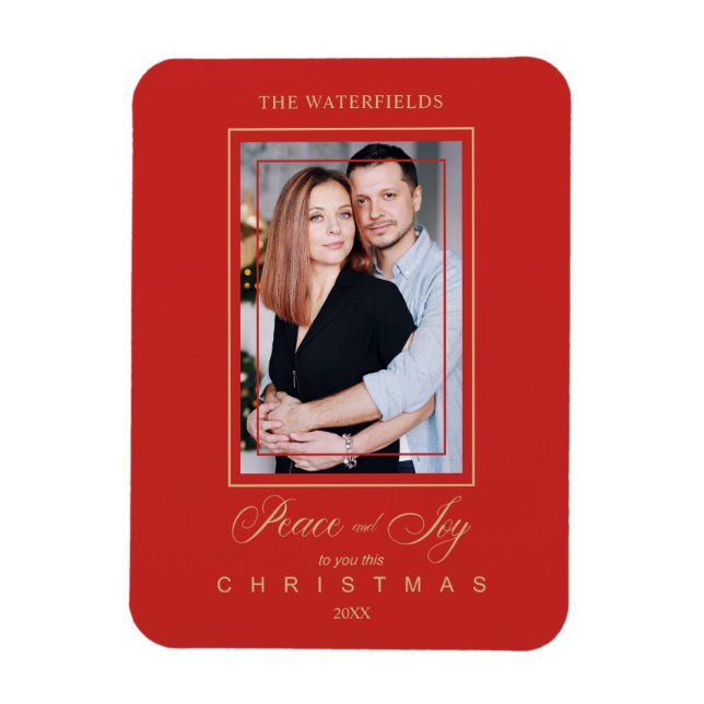 Guld Red Minimalist Modern Julfoto-familjen Magnet (Vertikal)