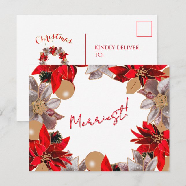 Guld & Red Minimalist Poinsettia Helgdag-kort Helg Vykort (Fram/baksida)