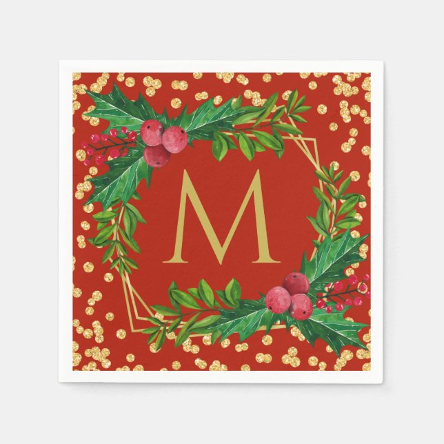Guld Red Monogram God jul Holly Glitter Pappersservett (Framsidan)