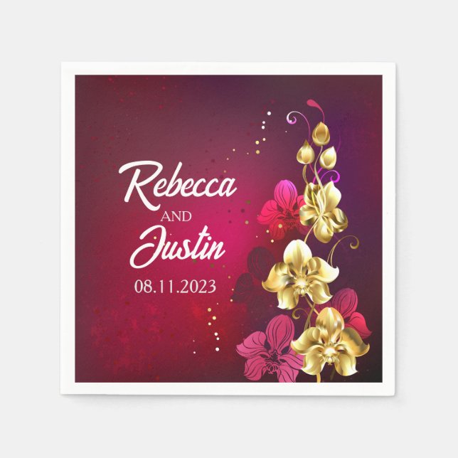 Guld Red Orchids Blommigt Modern Boho Pappersservett (Framsidan)