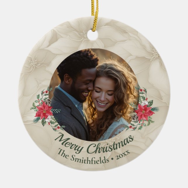 Guld, Red Poinsettia Two Photos Helgdag Julgransprydnad Keramik (Framsidan)