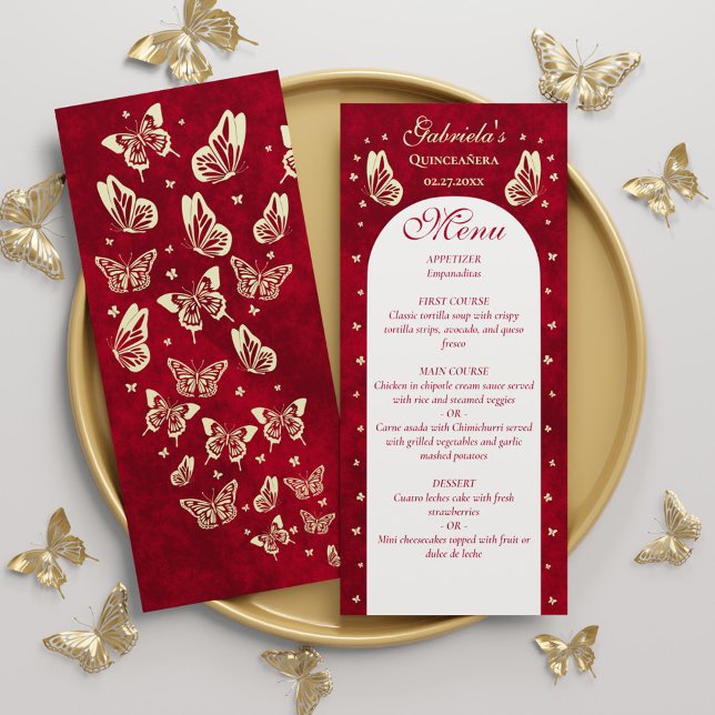 Guld Red Quinceanera Butterfly 15:e Födelsedagsfes Meny (Gold Red Quinceanera Butterfly 15th Birthday Party Menu)