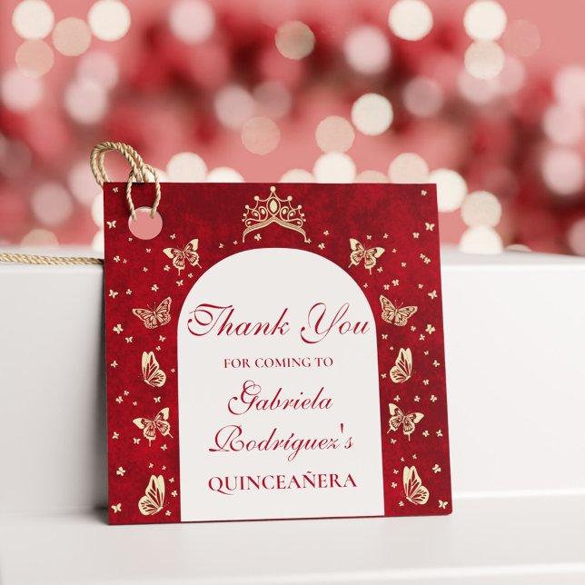 Guld Red Quinceañera Butterfly Tiara Mis Quince Gåvor Etiketter (Gold Red Quinceañera Butterfly Tiara Mis Quince Favor Tags)