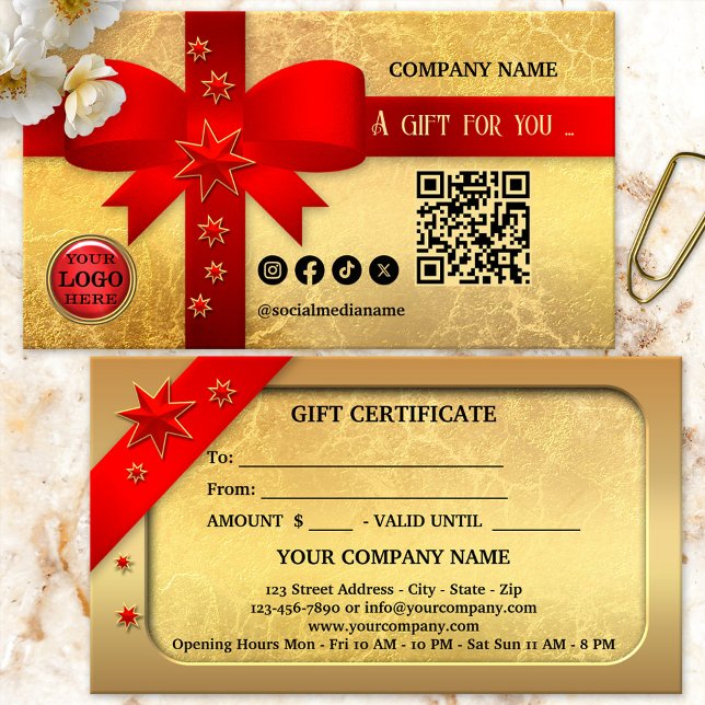 Guld Red Ribbon-julklapp Rabattkort (A festive Christmas Holiday gift certificate featuring a red ribbon on a gold veined background)