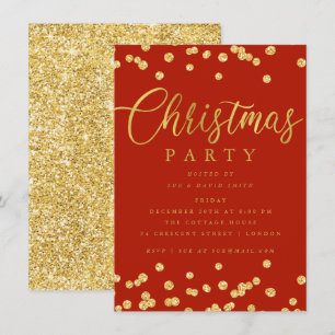 Guld Red Script Confetti Helgdag jul Party Inbjudningar