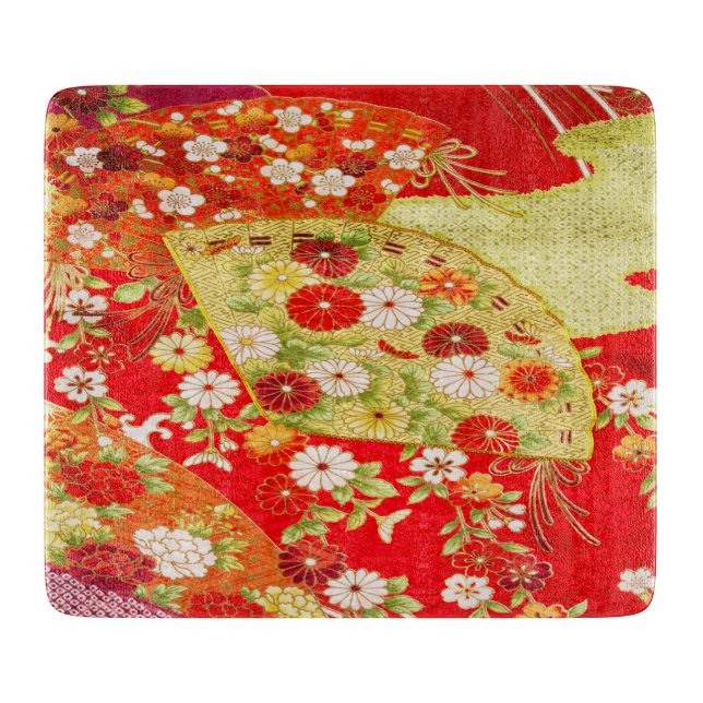 Guld Red Traditional Japansk Blommigt Flowers Glas (Framsidan)