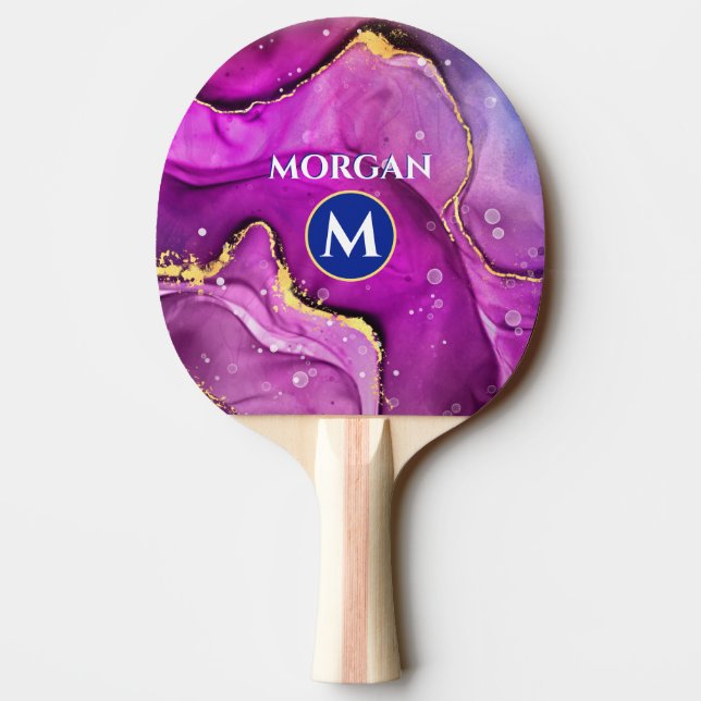 Guld & Red Violet Liquid Bläck, Monogram och Namn Pingisracket (Baksidan)