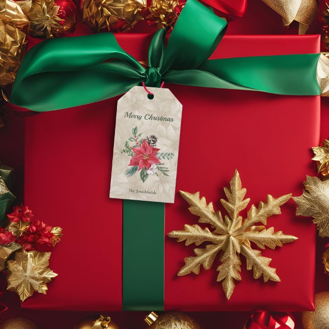 Guld, Red Watercolor Poinsettia Helgdag Presentetikett (Watercolor gold emboss look red and green gift tag)