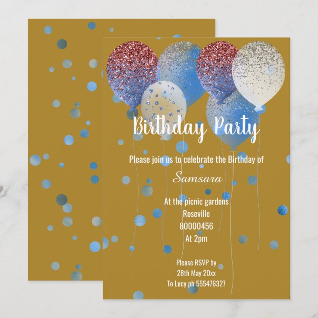 GULD RED WHITE & BLUE BIRTHDAY BALLOON INBJUDNINGAR (Fram/baksida)