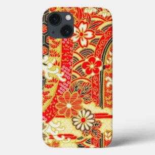 Guld Red White Japansk Kimono Blommigt Flower