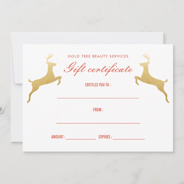 Guld Reindeer Elegant Helgdag Gift Certificate Inbjudningar (Framsida)