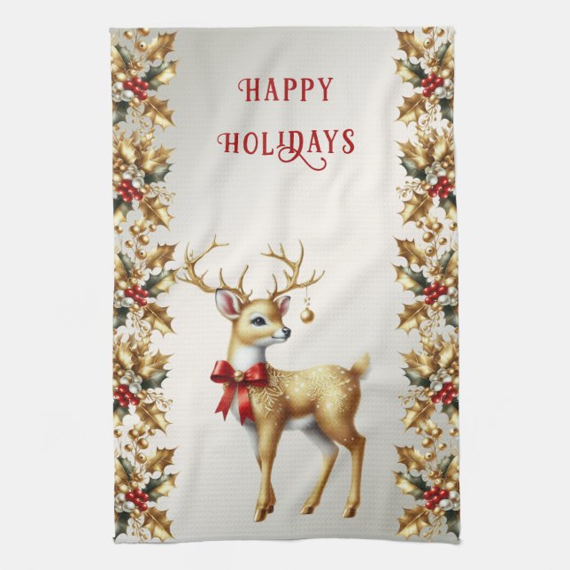Guld Reindeer Helgdag Kitchen Towel Kökshandduk (Vertikal)