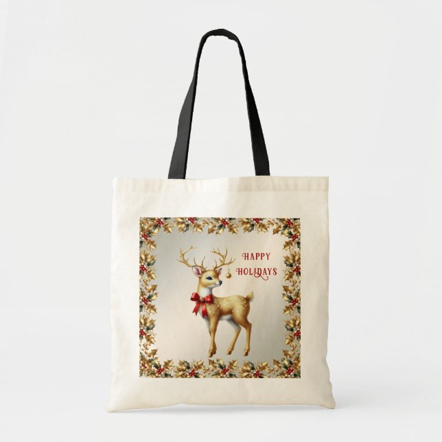 Guld Reindeer Helgdag Tote Bag Tygkasse (Framsidan)
