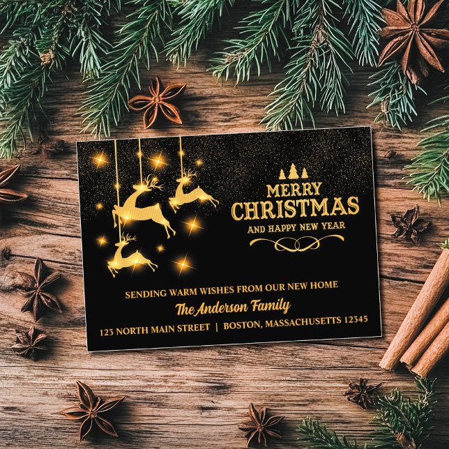 Guld Reindeers Helgdag Flytta Announcement Julkort (Skapare uppladdad)