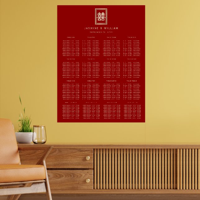 Guld rektangel 囍 kinesisk bröllops sittplatskarta poster (Vardagsrum 2)
