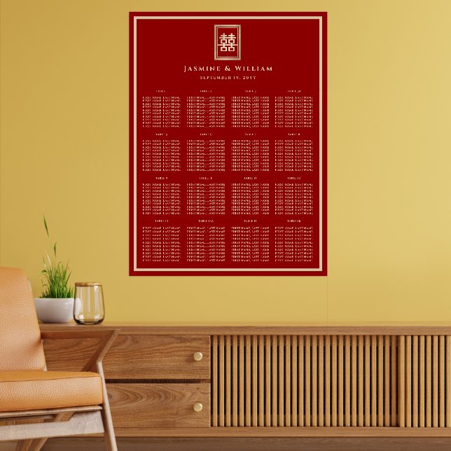 Guld rektangel 囍 kinesisk röd sittplan för bröllop poster (Vardagsrum 2)