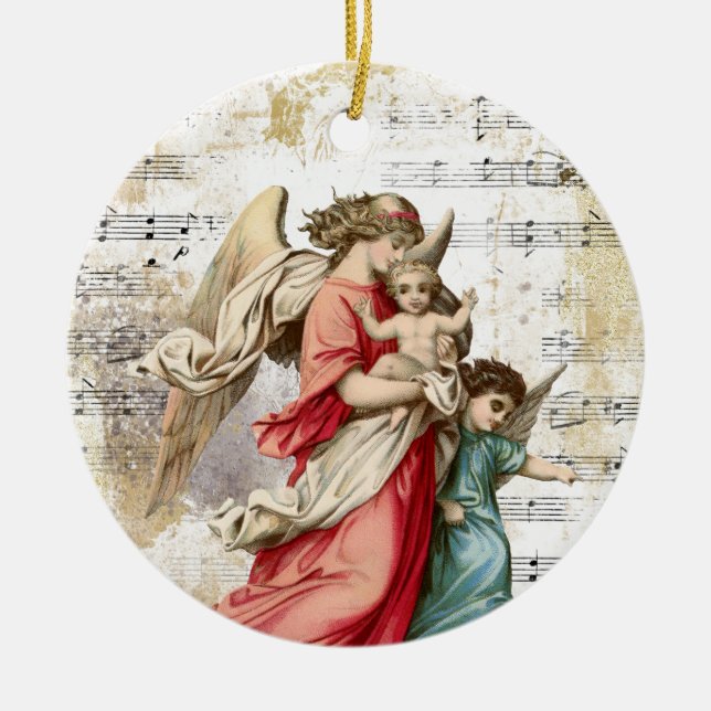 Guld Religiösa Child i Vingar Music Julgransprydnad Keramik (Framsidan)