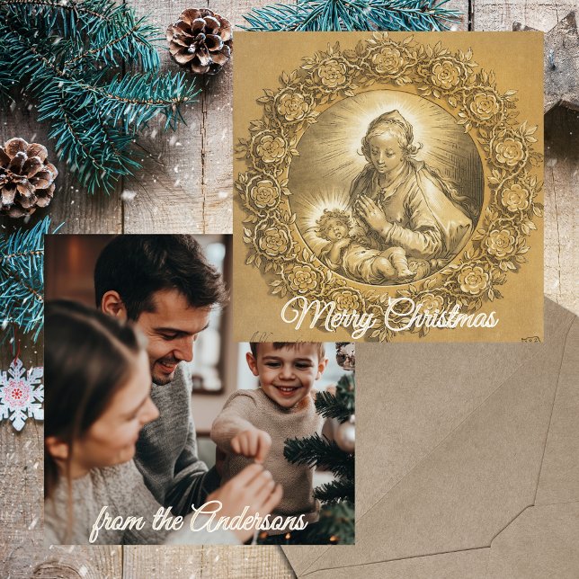 Guld Religiösa Christian Family Photo jul Julkort (Gold Baroque Elegant Religious Christian Catholic Custom Family Photo Christmas Holiday Season Card)
