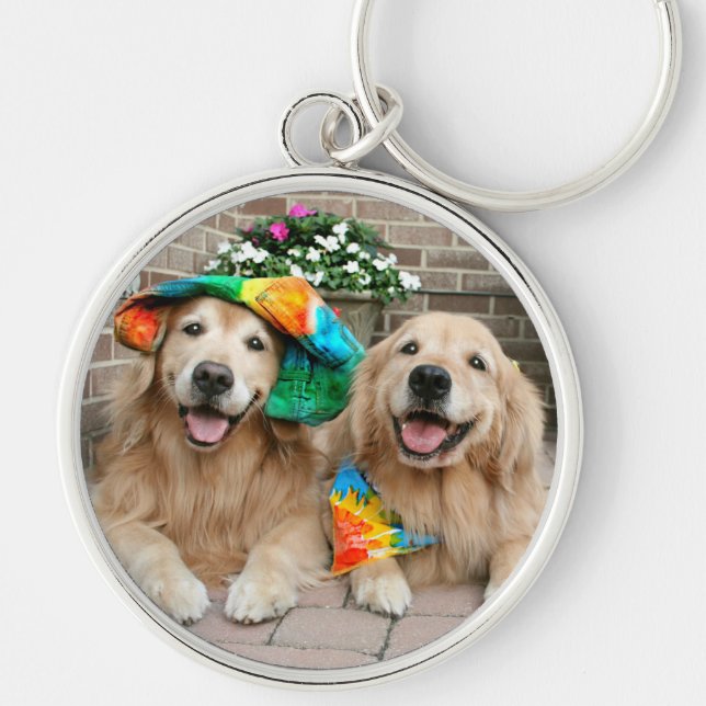 Guld- Retriever Groovy Keychain Rund Silverfärgad Nyckelring (Framsidan)