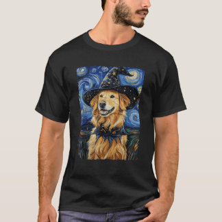 Guld Retriever Häxa Kostym Målning Stjärnklar Natt T Shirt