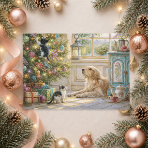Guld Retriever Hund Katter Julgran Julkort