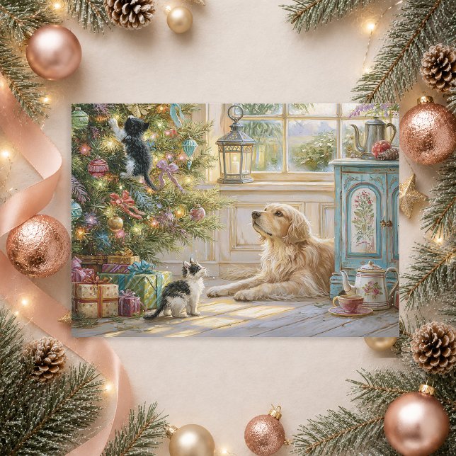Guld Retriever Hund Katter Julgran Julkort (Christmas greeting-Golden Retriever and kittens)