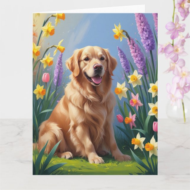 Guld Retriever Hund Vårblommor Målning Kort (Orkide)