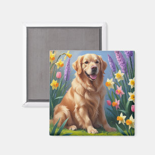 Guld Retriever Hund Vårblommor Målning Magnet