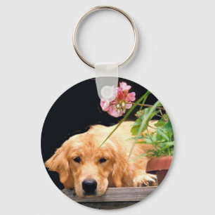Guld- Retriever Keychain med blomman Nyckelring