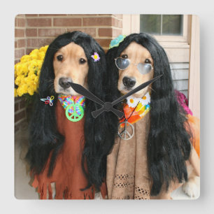 Guld- RetrieverHalloween Hippie Fyrkantig Klocka