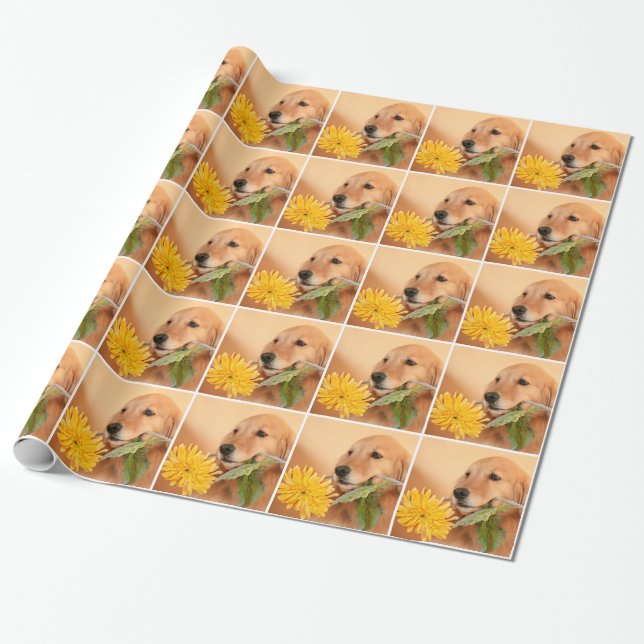Guld- Retrieverhund för tillfällen med blomman Presentpapper (Utrullad)