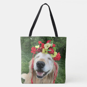 Guld- Retrieverhund med blommakronan Tygkasse