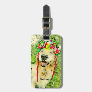 Guld- Retrieverhund med blommakronavattenfärg Bagagebricka