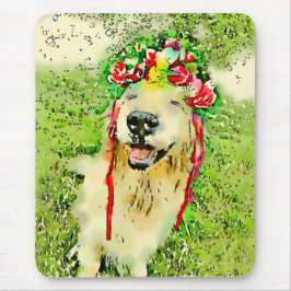 Guld- Retrieverhund med blommakronavattenfärg Musmatta