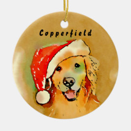 Guld- Retrieverhund med röd Santa hattvattenfärg Julgransprydnad Keramik