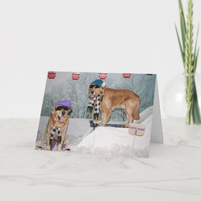 Guld- Retrieverskidåkningfödelsedag Kort (Framsida)