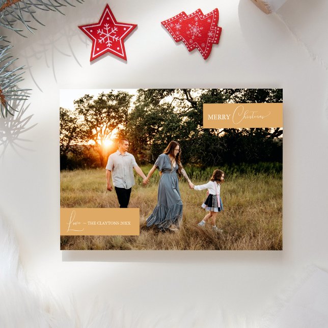 Guld Retro Boho Minimalist Family News Photo Julkort (Skapare uppladdad)