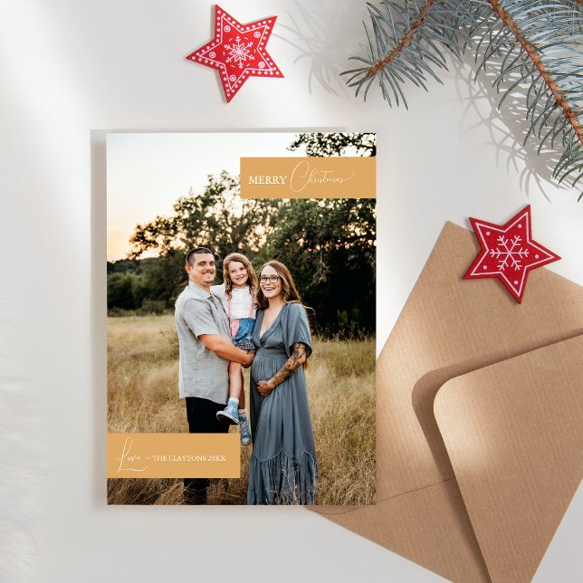 Guld Retro Boho Minimalist Family Porträtt Julkort (Skapare uppladdad)