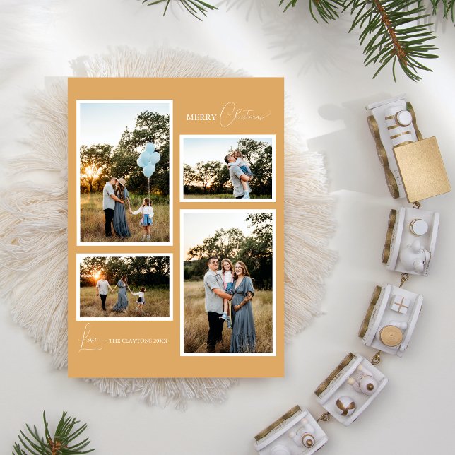 Guld Retro Boho minimalistisk fyra fotokollage Julkort (Skapare uppladdad)