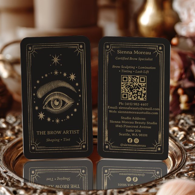 Guld Retro Celestial Tarot Brow Artist QR-kod Visitkort (Gold Retro Celestial Tarot Brow Artist QR Code Business Card)
