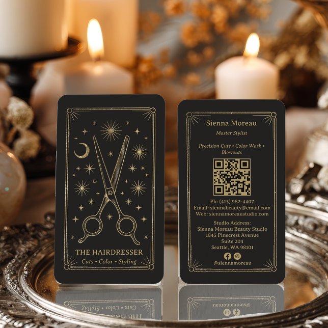 Guld Retro Celestial Tarot Frisör QR-kod Visitkort (Gold Retro Celestial Tarot Hairdresser QR Code Business Card)