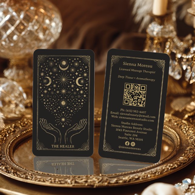 Guld Retro Celestial Tarot Massage Reiki QR Visitkort (Gold Retro Celestial Tarot Massage Reiki QR Business Card)